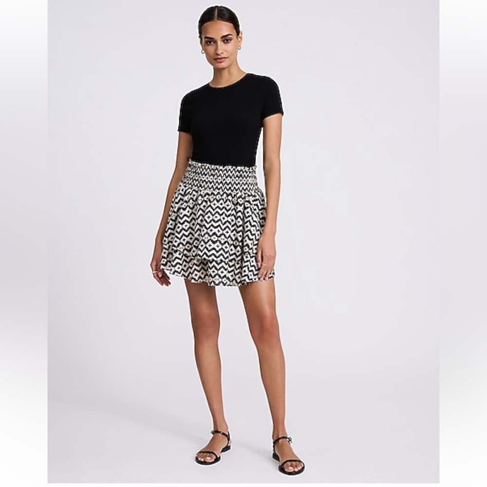Express Black and White Smocked Waist Tiered Mini Skirt
